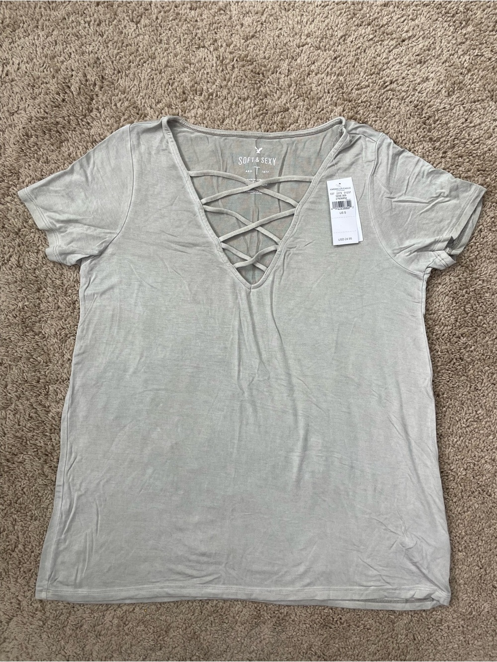 American Eagle Outfitters Light Gray Sage Crisscross V-Neck Short Sleeve Tee